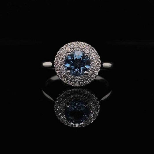 0.69ct Round Brilliant Cut Aquamarine and Diamond Double Halo Engagement Ring Antique European Style Vintage Wedding Ring for women